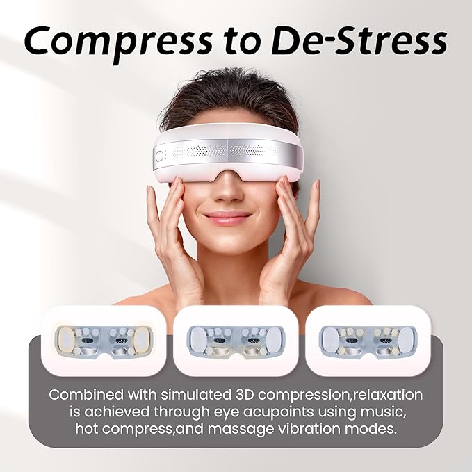 Eye Massager with Heat and Cooling, Christmas Birthday Presents for Women&Men, Massaging Eye Mask for Migraines, Foldable Eye Massager with Bluetooth and Pressing Function, Relieve Fatigue