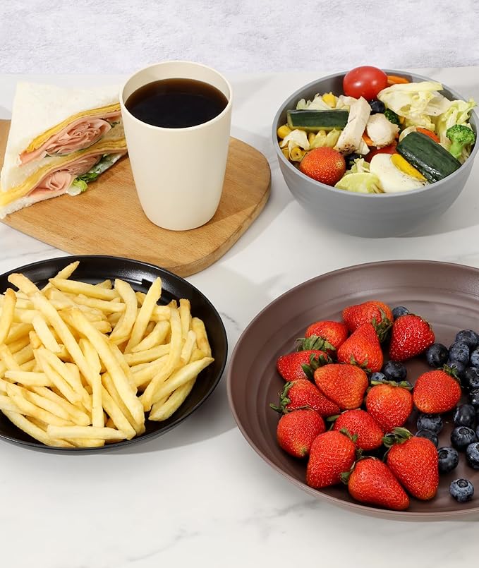 Quatish 32 Piece Plates and Bowls Sets for 8, Unbreakable Dinnerware Sets, Plastic Dish Set for Camping, Dishwasher Microwave Safe, Outdoor Kitchen and Apartment Dinning RV Essentials, Brown