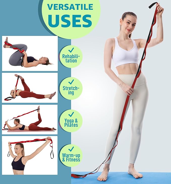 Gradient Fitness Therapy Stretching Belt, 12 Circle Multi Ring Stretching Belt (1.5 inches wide x 86.6 inches long), Therapy Equipment, Yoga Stretcher Strap,Leg Stretcher. Equipped with arch foot pads and pointed massage balls