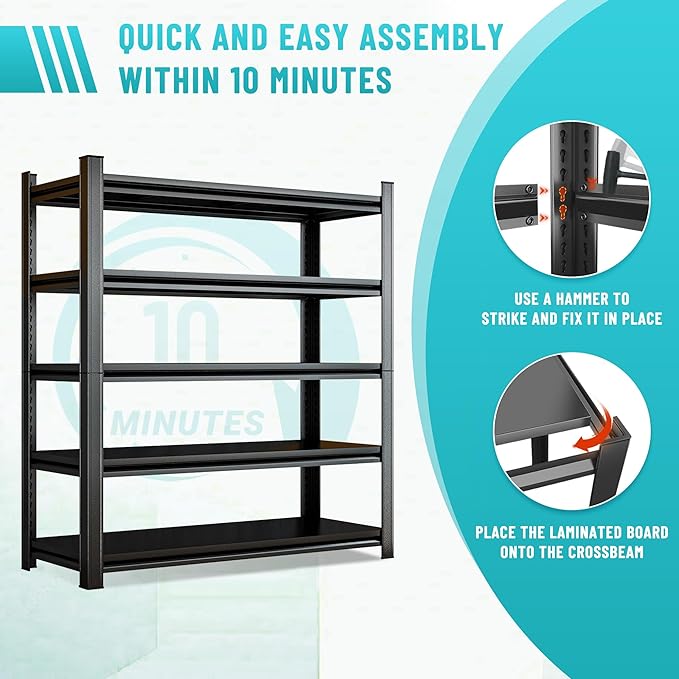 Heavy Duty 5-Tier Shelving Unit 2500LBS Capacity - Adjustable Steel Garage Shelves for Warehouse, Basement Storage(35.4''W×11.8''D×77''H)