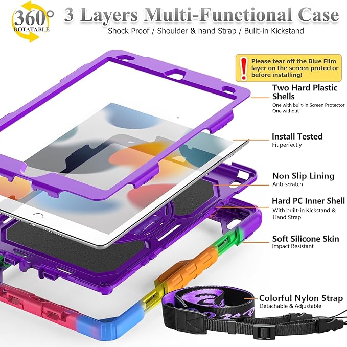 SEYMAC stock Case for iPad 9th/ 8th/ 7th Generation 10.2'', Shockproof with Screen Protector, Pencil Holder [360° Rotating Hand Strap] & Stand, for iPad 10.2 inch 2021-2019 (Purple+Colorful)