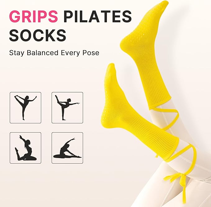 Non-Slip Pilates Yoga Socks with Grips for Women - Stylish Crew Socks for Barre, Ballet, and Workout (Size 5-9)