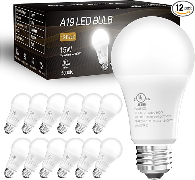 dalattin 12 Pack LED Bulbs Daylight White 5000K, 100 Watt Equivalent A19 Standard Bulbs, E26 Base, 1500 LM, Efficient 15W Energy Saving, Non-Dimmable, 80+ CRI, 120V, UL Listed, for Living Room, Office