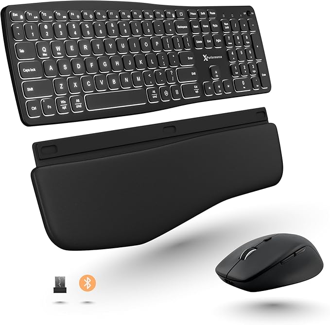 X9 Backlit Wireless Keyboard and Mouse (Bluetooth + 2.4G) Ergonomic Keyboard and Mouse Wireless Combo with Detachable Wrist Rest, Rechargeable, Full-Size Set for Phone, Computer, Laptop, Mac