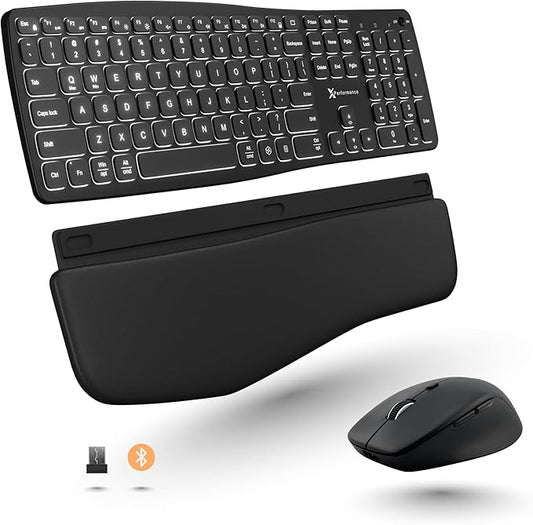 X9 Backlit Wireless Keyboard and Mouse (Bluetooth + 2.4G) Ergonomic Keyboard and Mouse Wireless Combo with Detachable Wrist Rest, Rechargeable, Full-Size Set for Phone, Computer, Laptop, Mac