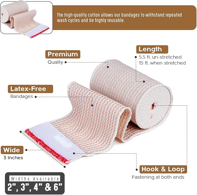 Premium Elastic Bandage Wrap (3” Wide, 50 Pack) - Nexskin Latex Free Athletic/Medical Compression Bandages Hook & Loop Fasteners at Both Ends - Lifetime Washable & Reusable Bandages