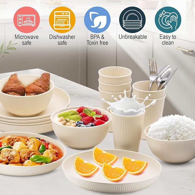 36pcs Wheat Straw Dinnerware Sets, Unbreakable Reusable Kitchen Cups Plates and Bowls Sets, Dishwasher and Microwave Safe Kitchenware Dishes Set for Home, Office, Travel,Picnic (Cream Color)