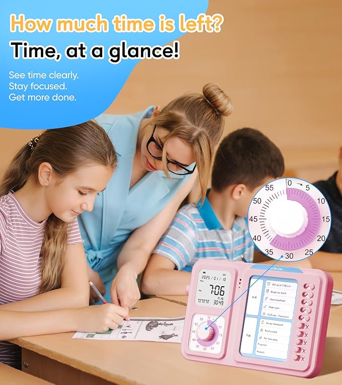3-in-1 Visual Timer & ADHD Tool for Kids Adults, ADHD Task Timer with Chore Chat Board Schedule, Homeschool (Pink)