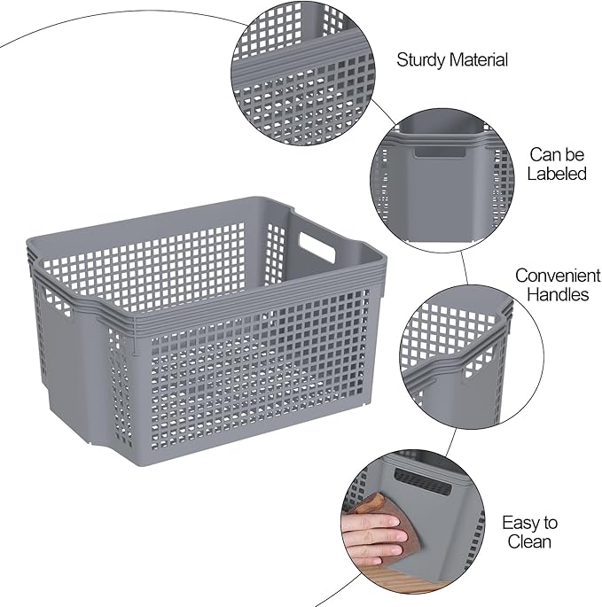 Large Plastic Stackable Basket, Stackable Storage Bins for Pantry, 6 Pack, Grey