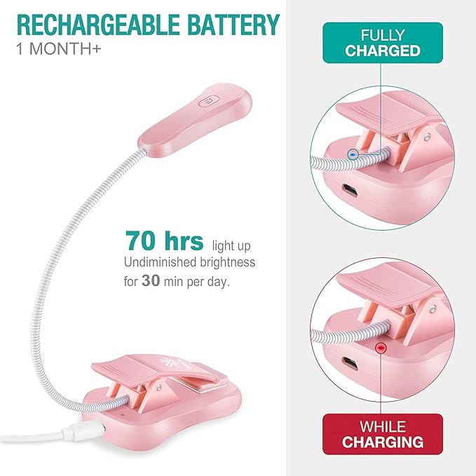 Vekkia Rechargeable Book Light for Reading in Bed, 3 Color x 3 Brightness, Lightweight Reading Light, Up to 70 Hours Lighting, Perfect for Readers, Travel (Pink) …