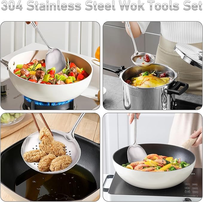 FJNATINH 6-Pieces 304 Stainless Steel Wok Spatula Set,Cooking Utensil Set,Soup Ladle Colander,Nonstick Kitchen Cooking Utensils Set with Spatula,Kitchenware Tools