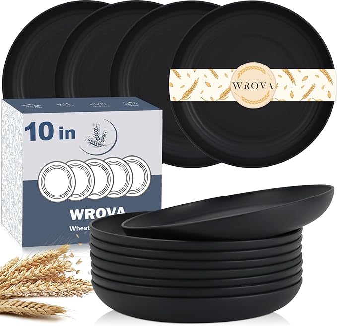 Wheat Straw Plates - 10 Inch Unbreakable Dinner Plates Set of 8 - Dishwasher & Microwave Safe Plastic Plates Reusable - Lightweight Plate for kitchen,camping (Pure Black)