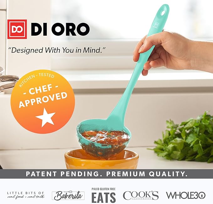 DI ORO Silicone Ladle – Soup Ladle for Cooking & Serving Heat-Resistant - Large Kitchen Soup Ladle Nonstick Cookware Safe - Soup Serving Spoon with Wide Bowl - Silicone Utensil Dishwasher Safe (Mint)