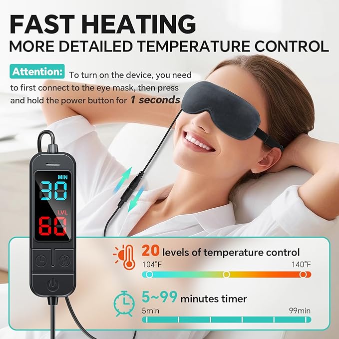 Heated Eye Mask for Dry Eyes, Stye & Migraines Relief - USB Electric Warm Compress with 20 Temp/Time Settings, Washable Flaxseed Cover for MGD, Blepharitis & Eye Strain