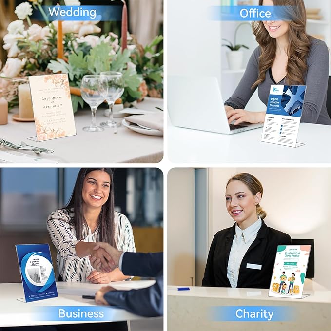 EHWINE 12 Pack 4 x 6 Acrylic Sign Holder, Clear Plastic Signs Display Stand, Vertical Slanted Back Paper Holder Stand up Table Top Sign Holders Flyer Stand Frames Suitable for Office Business Store