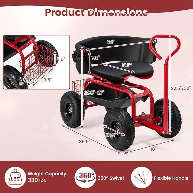 Goplus Garden Seat with Wheels, Rolling Gardening Stool with Adjustable 360° Swivel Seat, Tool Tray & Storage Basket, Extendable Handle, Outdoor Gardening Scooter, Garden Cart Workseat for Seniors