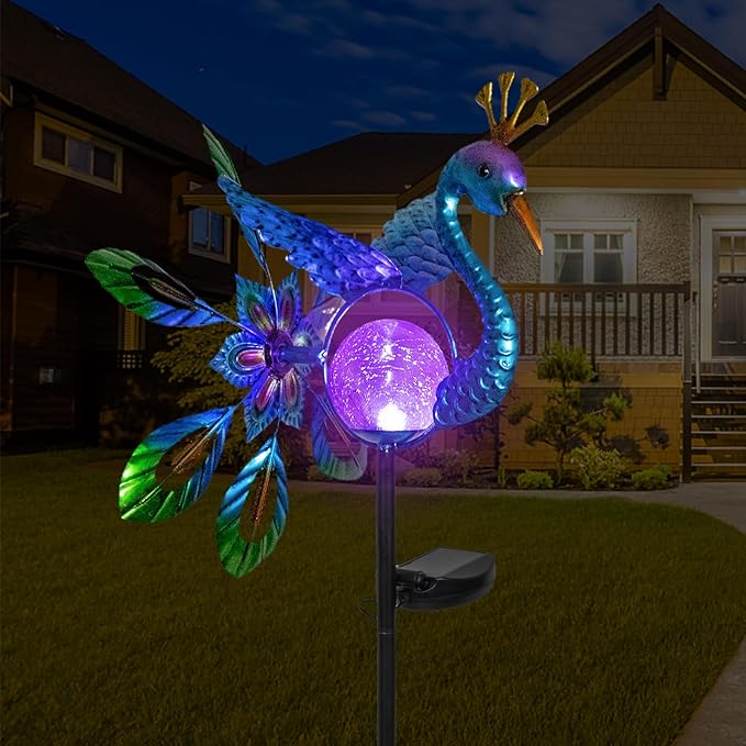Peacock Solar Light Wind Spinner Outdoor Garden Decoration, Waterproof Garden Stake LED with Cracked Glass Ball, Gift for Mom, Lawn Ornaments for Pathway, Patio, Yard Decor Outdoor
