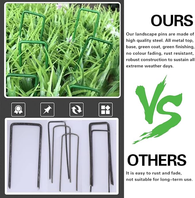 Bakulyor 50Pcs Green Landscape Staples 6 Inch Garden Artificial Turf Stakes Staples, 11 Gauge Lawn Galvanized Ground Fabric Pins for Weed Barrier Sod Decorations Holding Fence and Irrigation Tubing