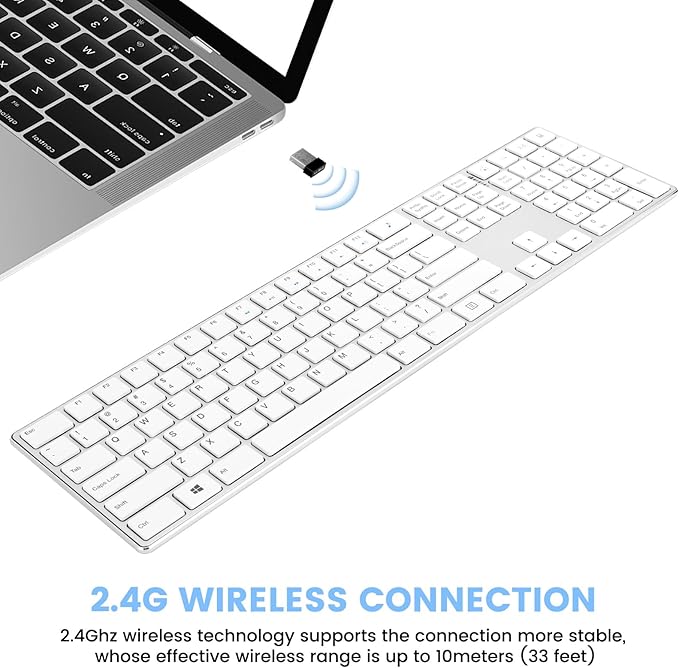 TIETI K01R Wireless Keyboard, 2.4G Slim and Compact Wireless Keyboard with Numeric Keypad, Long Battery Life, Lag-Free for PC Laptop Computer Windows, Silver