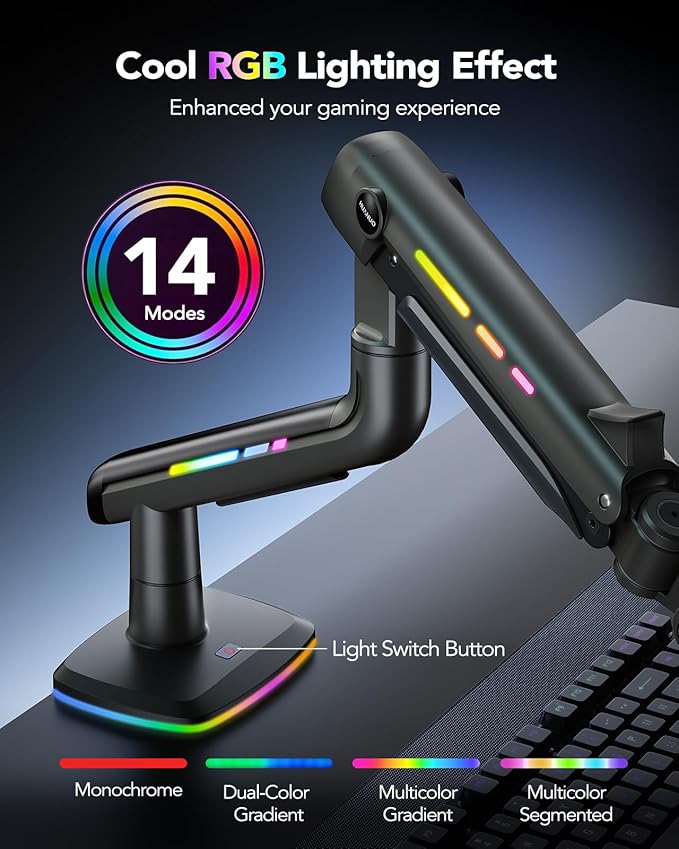HUANUO RGB Monitor Arm for Ultrawide Screens up to 49″, Heavy-Duty Single Mount Holds 44 lbs, Fully Adjustable Gaming Monitor Arm with C-Clamp & Grommet Base, Max VESA 100 x 100mm
