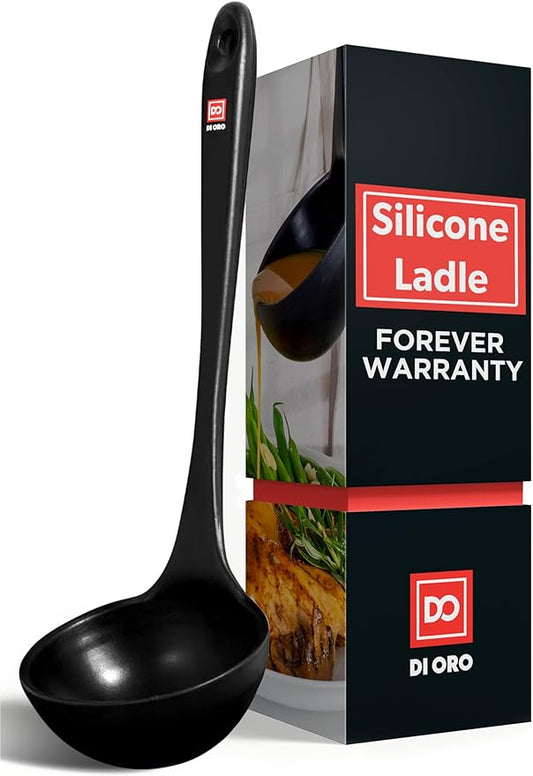 DI ORO Silicone Ladle – Soup Ladle for Cooking & Serving Heat-Resistant - Large Kitchen Soup Ladle Nonstick Cookware Safe - Soup Serving Spoon with Wide Bowl - Silicone Utensil Dishwasher Safe (Black)