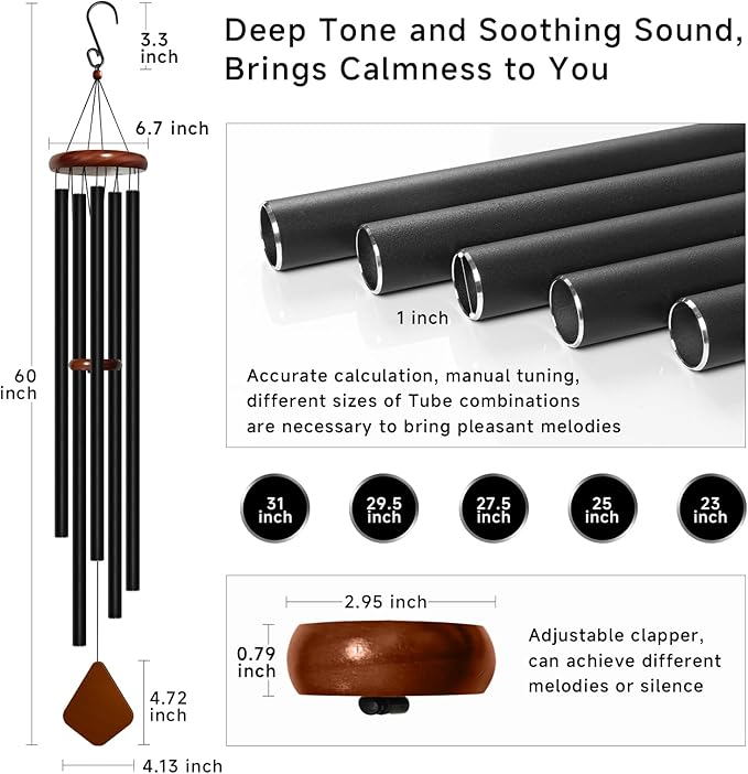 60'' Wind Chimes for Outside Deep Tone, Large Wind Chime, 5 Heavy Duty Tubes Metal Extra Large Wind Chimes Outdoor, Decoration for Garden, Patio, Yard, Gifts for Mother's Day(Rhombus)