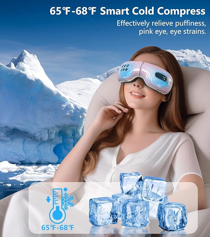 Eye Massager with Heat and Coolling for Migraines, Dry Eyes, Eye Strains, Eye Massager Mask Heat Cold Tech Bluetooth Music for Sleeping Birthday Gifts for Women Men
