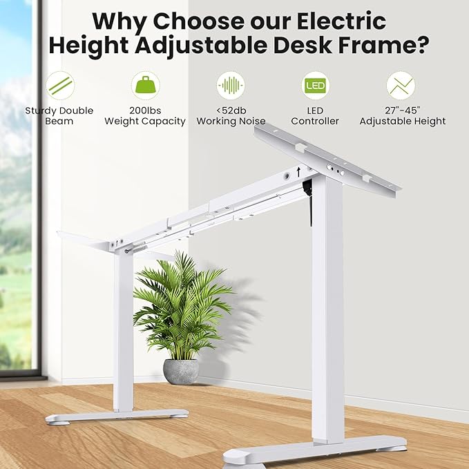 farexon Electric Stand Up Desk Frame Workstation, Dual-Beam Standing Desk Legs with Wheels&Hooks,170 lbs Capacity up to 71" x 40" Desktops, Ergonomic Table Base Workstation, White Frame Only