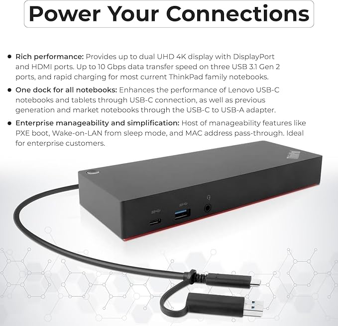 Lenovo 40AF0135US Thinkpad Docking Station Dual Monitor Hybrid USB-C with USB-A - 1 Year Warranty, with 135W Adapter + HDMI Cable + DisplayPort Cable + USB-C Cable + Microfiber Cloth (Renewed)