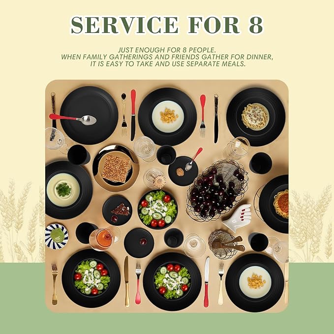 32-piece Kitchen Alternative Melamine Wheat Straw Dinnerware Sets,Unbreakbale Dishwasher Safe Kitchen Bowls and Plates Sets with Cups,Apartment Essential Dishes Set for 8.Black Series