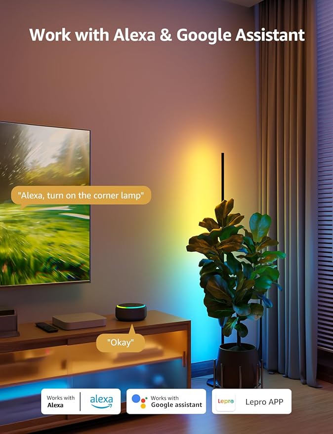 Lepro OE1 AI Floor Lamps for Living Room, Smart LED Corner Lamp with RGBW Color Changing, Alexa Compatible, Music Sync, DIY modes, 1000LM, Modern Standing Lights for Bedroom, No Remote, 2.4G WiFi Only