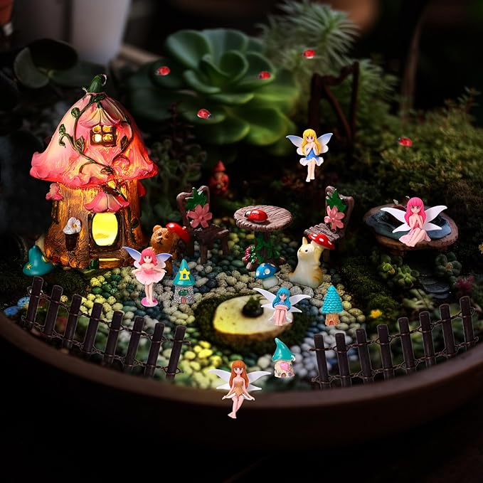 Gerrii 54 Pcs Fairy Accessories Outdoor Garden Kit Solar Fairy House Statues Decor Resin Fairy Figurines Mushroom Ornament Miniature Garden for DIY Yard Supplies Home Spring Easter Decoration