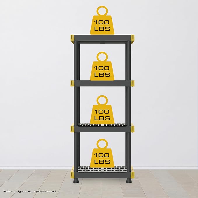 BLACK & YELLOW 4-Tier Heavy Duty Plastic Storage Shelving Unit, 100lbs/shelf (55"H x 24"W x 20"D), for Indoor/Outdoor Organization, Modular Rack, Extremely Durable, Made in The USA