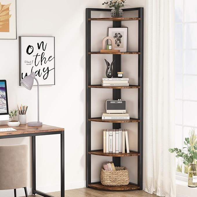 Tribesigns 6 Tier Corner Shelf, 70.9 Inch Tall Corner Bookshelf Small Bookcase Rustic Corner Shelving Unit Storage Rack for Living Room, Home Office, Kitchen, Small Space
