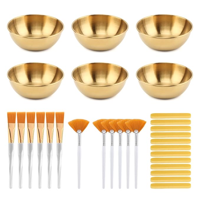 30Pcs Esthetician Supplies for Facials Set 6 Gold Facial Bowls Esthetician 6* Facial Brushes 6* Flat Brushes 12 Sponge Strips Face Cosmetic Applicators for Mask Mixing(COLOR:Gold)