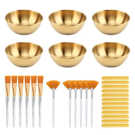 30Pcs Esthetician Supplies for Facials Set 6 Gold Facial Bowls Esthetician 6* Facial Brushes 6* Flat Brushes 12 Sponge Strips Face Cosmetic Applicators for Mask Mixing(COLOR:Gold)