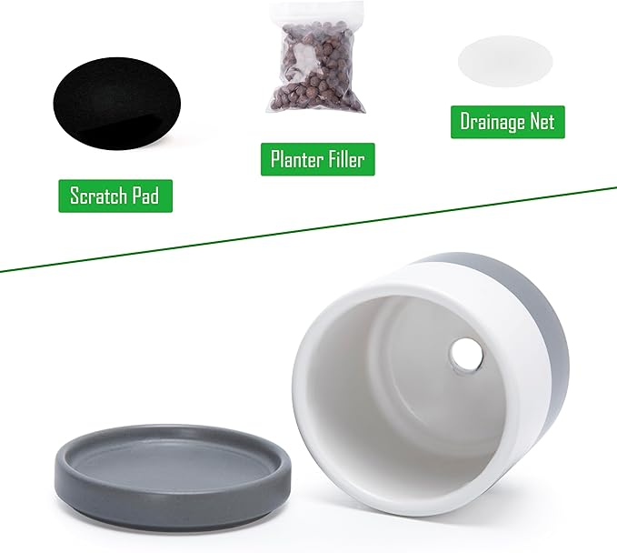 D'vine Dev 3.5 Inch & 4.7 Inch Ceramic Planter Pots for Plants with Drainage Hole and Saucer, X-Small Plant Pots Set, White/Speckled Grey, 94-G-XS-6