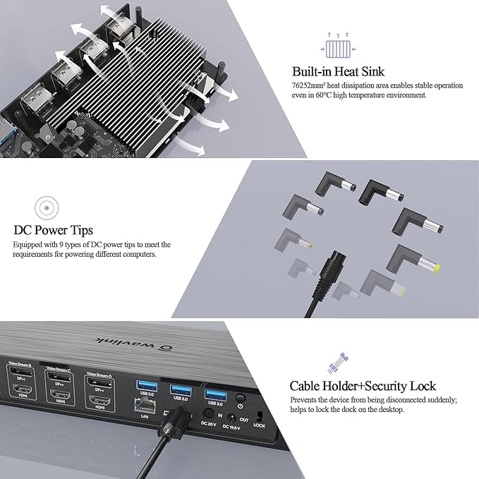 WAVLINK DisplayLink Laptop Docking Station - Quad Monitor 5K/4K@60Hz, 100W Charging - Thunderbolt 4/3, USB-C/A - M1 M2 Mac/Windows/Chrome/Ubuntu - 4 HDMI, 4 DP, 180W Power, SD 4.0 CR, 2.5Gbps LAN