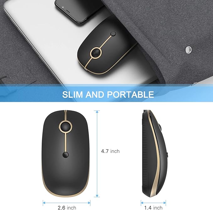 VssoPlor Type C Wireless Mouse USB C Rechargeable Portable Quiet Laptop Mouse USB and Type C Receiver Dual Mode Mice for PC, Laptop, MacBook, Tablet-Black Gold