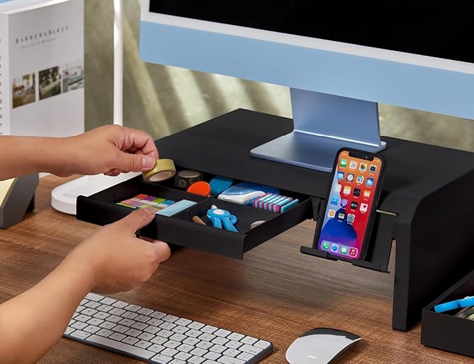 Bostitch Konnect Adjustable Monitor Riser with Drawer & Cell Phone Holder, Laptop Stand for Desk, 4 Height Levels, Cable Management & Rubber Feet