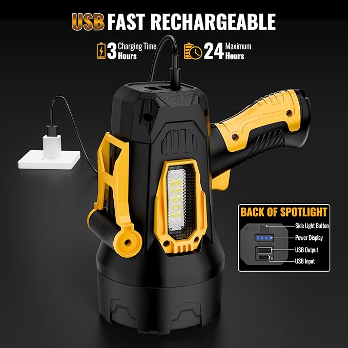 Rechargeable Spotlight, 990000 Lumens Super Bright Led Spotlights Flashlight with Cob Light & Foldable Tripod, 10000ɱAh Spot Lights Long Runtime, Handheld Spotlight for Hunting Boating Outdoor