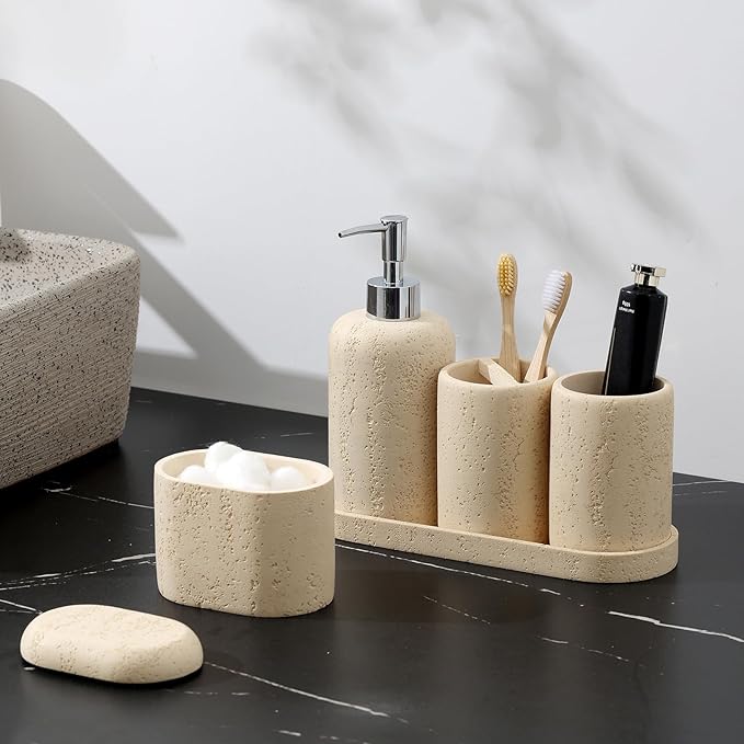 Bathroom Accessories Set, 5PCS Modern Bathroom Accessory Set with Soap Dispenser, Mouthwash Cup & Toothbrush Holder, Qtip Holder, Tray