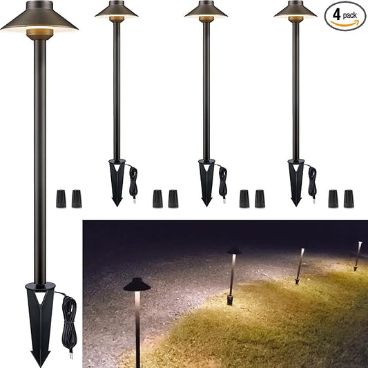 Low Voltage Landscape Lighting Brass - 12v Pathway Lights IP65 Waterproof, Hard Wired Path Light Outdoor, Mushroom-top Bronze for Exterior Area Patio House G4 Bulb Not Included (4 Pack)