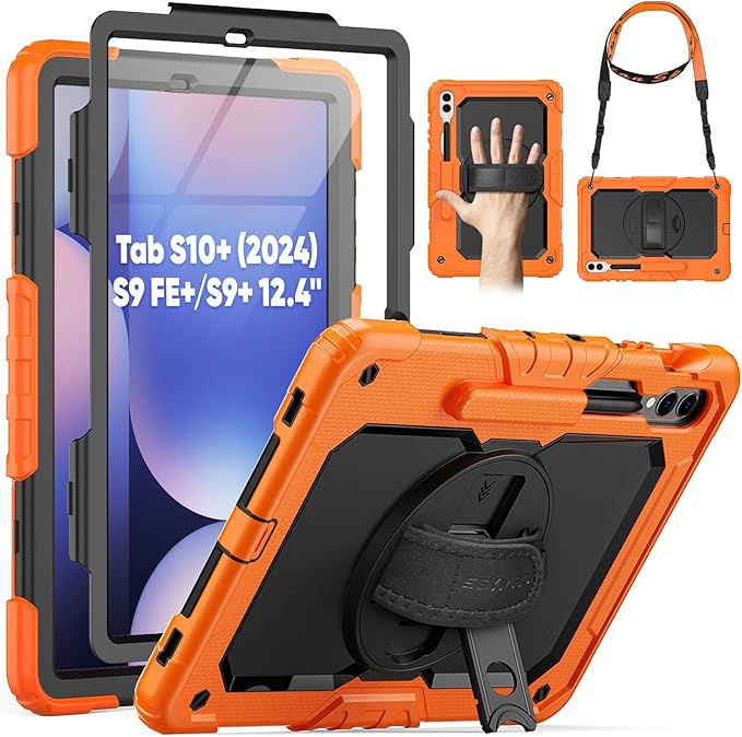 SEYMAC Case for Samsung Galaxy Tab S10+/S9 FE+/S9+ Plus 12.4" - Heavy Duty Shockproof Protective Case with Screen Protector, Stand, Hand/Shoulder Strap and Pen Holder, Orange