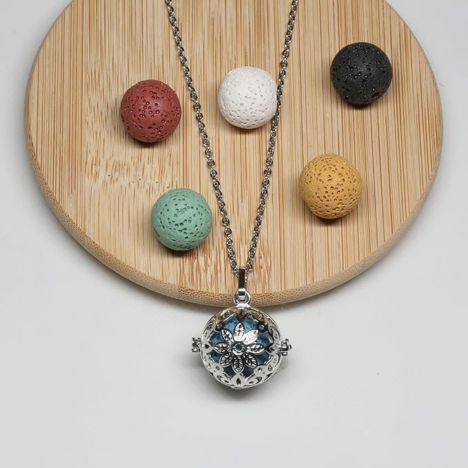 2 PCS Aromatherapy Essential Oil Diffuser Necklace Hollow Ball and Small Heart Shape Colored Lava Stone Pendant Necklace for Women…
