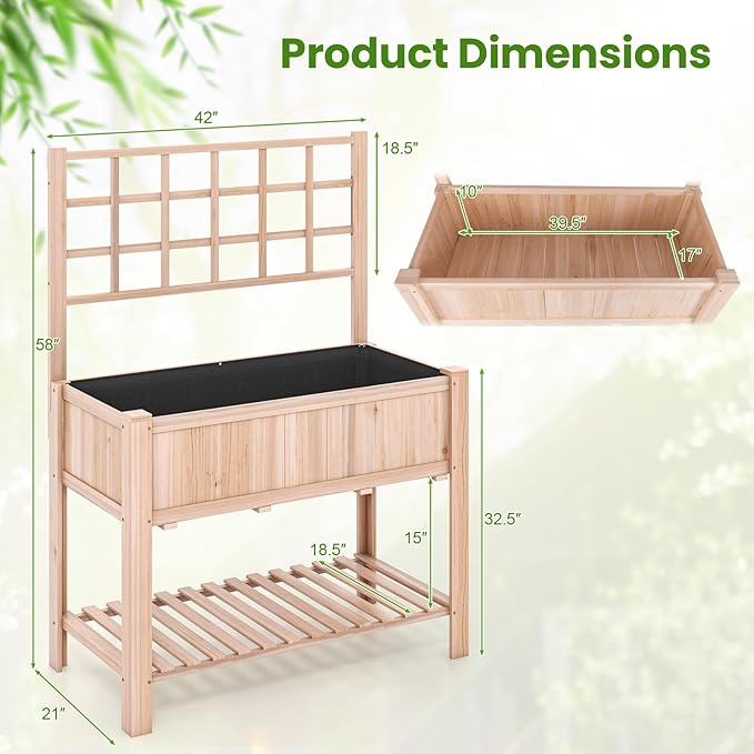 S AFSTAR Raised Garden Bed with Trellis, 42x21x58in Elevated Planter Box with Legs, Bottom Storage Shelf, Planter Liner, Wood Standing Planter Stand for Climbing Plants Flowers Vegetables Herbs