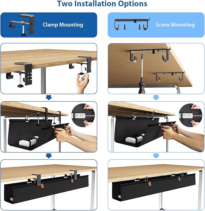 Zilink No Dril Under Desk Cable Management Tray 30" Standing Desk Cable Management Clamp/Screw Mount Under Table Cord Premium Fabric Wire Organizer Management for Home Office