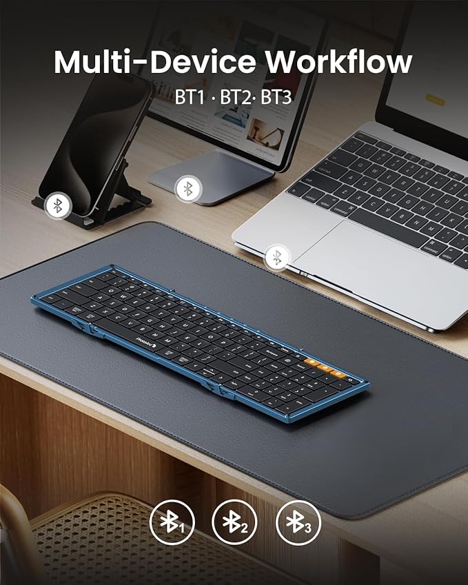 ProtoArc Foldable Bluetooth Keyboard, XK01 Folding Wireless Portable Keyboard with Number Pad, Full-Size Travel Keyboards for Windows iOS Android Tablet Smartphone Laptop PC - Dark Blue