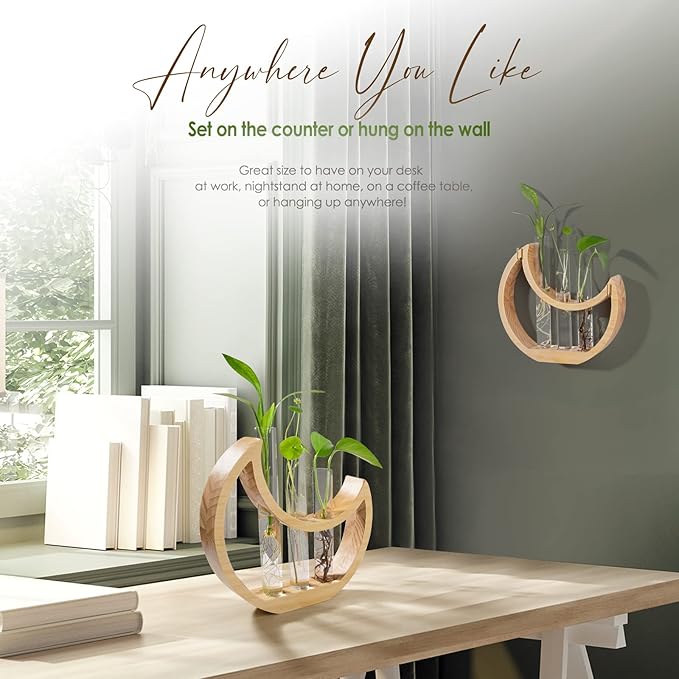 Plant Propagation stations, Crescent Moon Table Terrarium Stand for Indoor houseplants, Wooden Wall Boho Hanging Planter Vase with Glass Test Tube for Office Decor Aesthetic, Gift for Women Mom