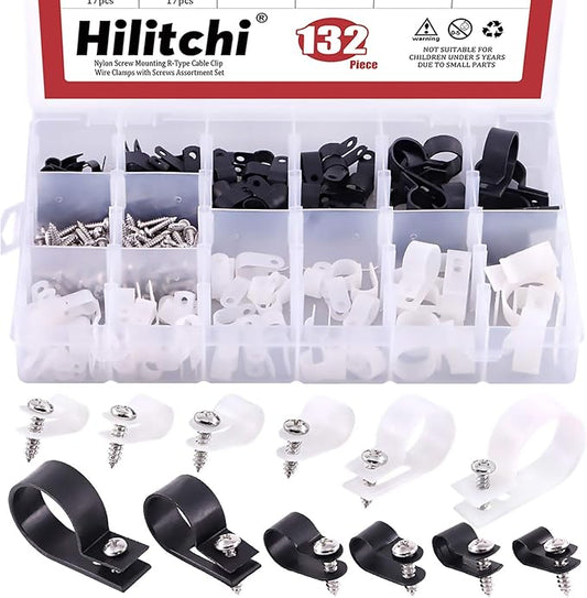 Hilitchi 132 Pcs 6 Sizes Black and White Plastic Cable Clamp R Type Screw Mounting Cord Fastener Cable Clips Assortment Kit with Screws for Wire Management Cable Conduit (Clips from 6mm to 23mm)